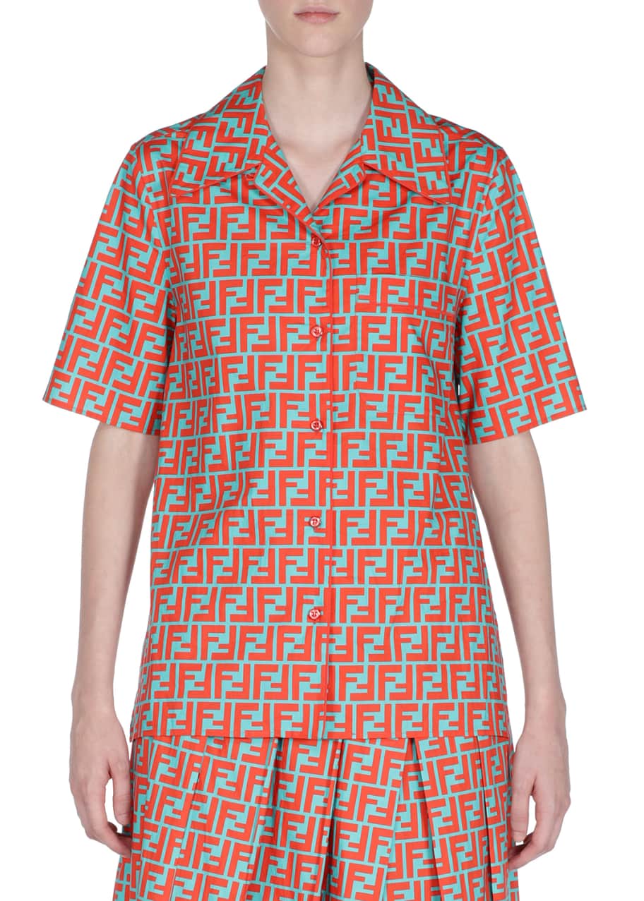 Fendi Short Sleeve Logo Grid Poplin Button Front Blouse Bergdorf