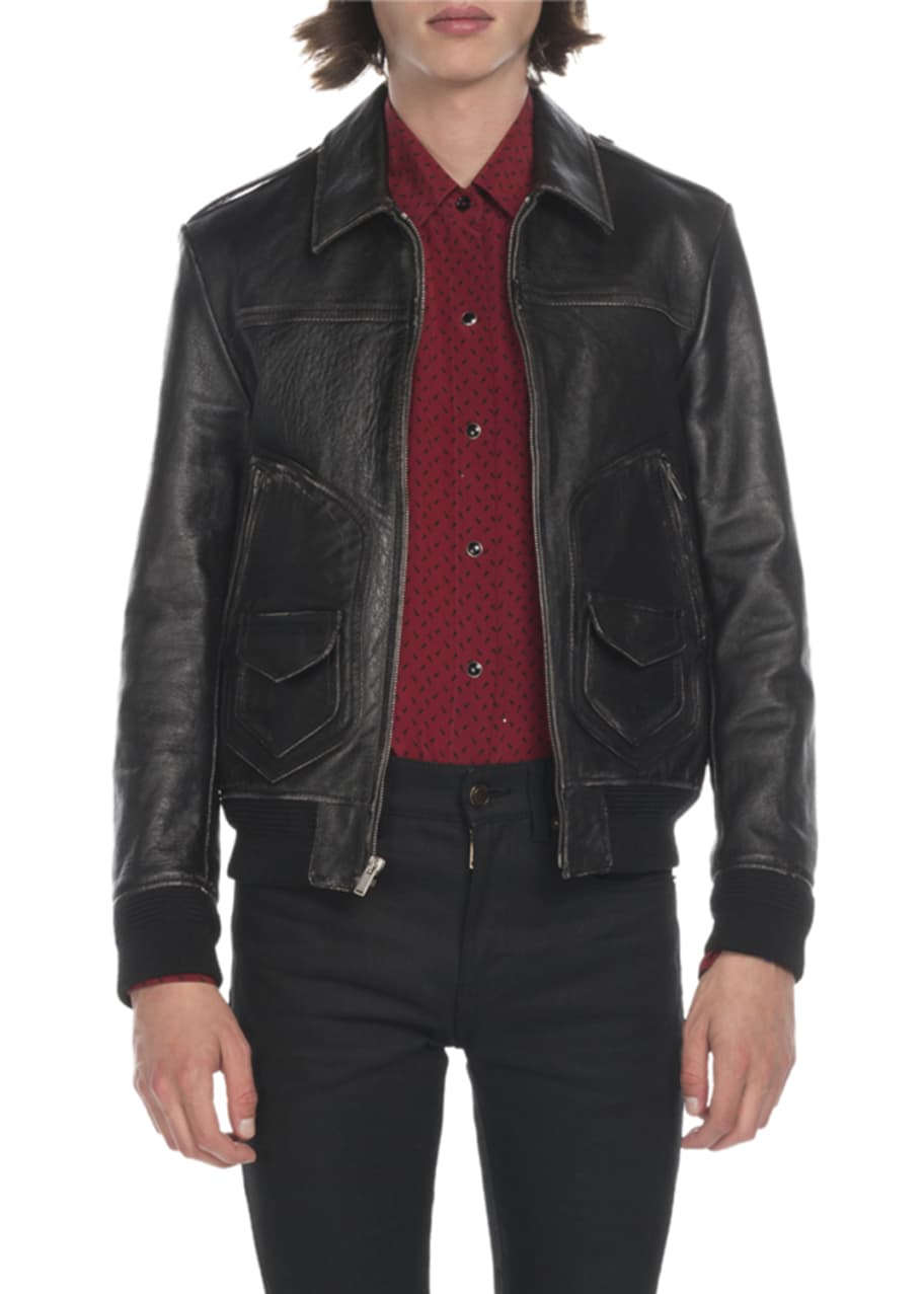 Men s Distressed Leather Bomber Jacket