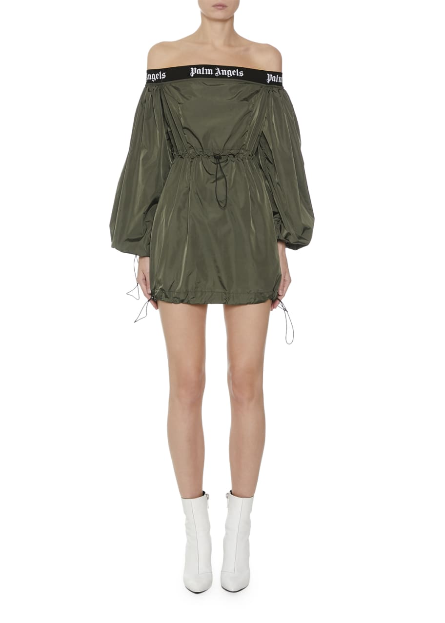 Palm Angels Balloon Sleeve Off Shoulder Logo Short Dress