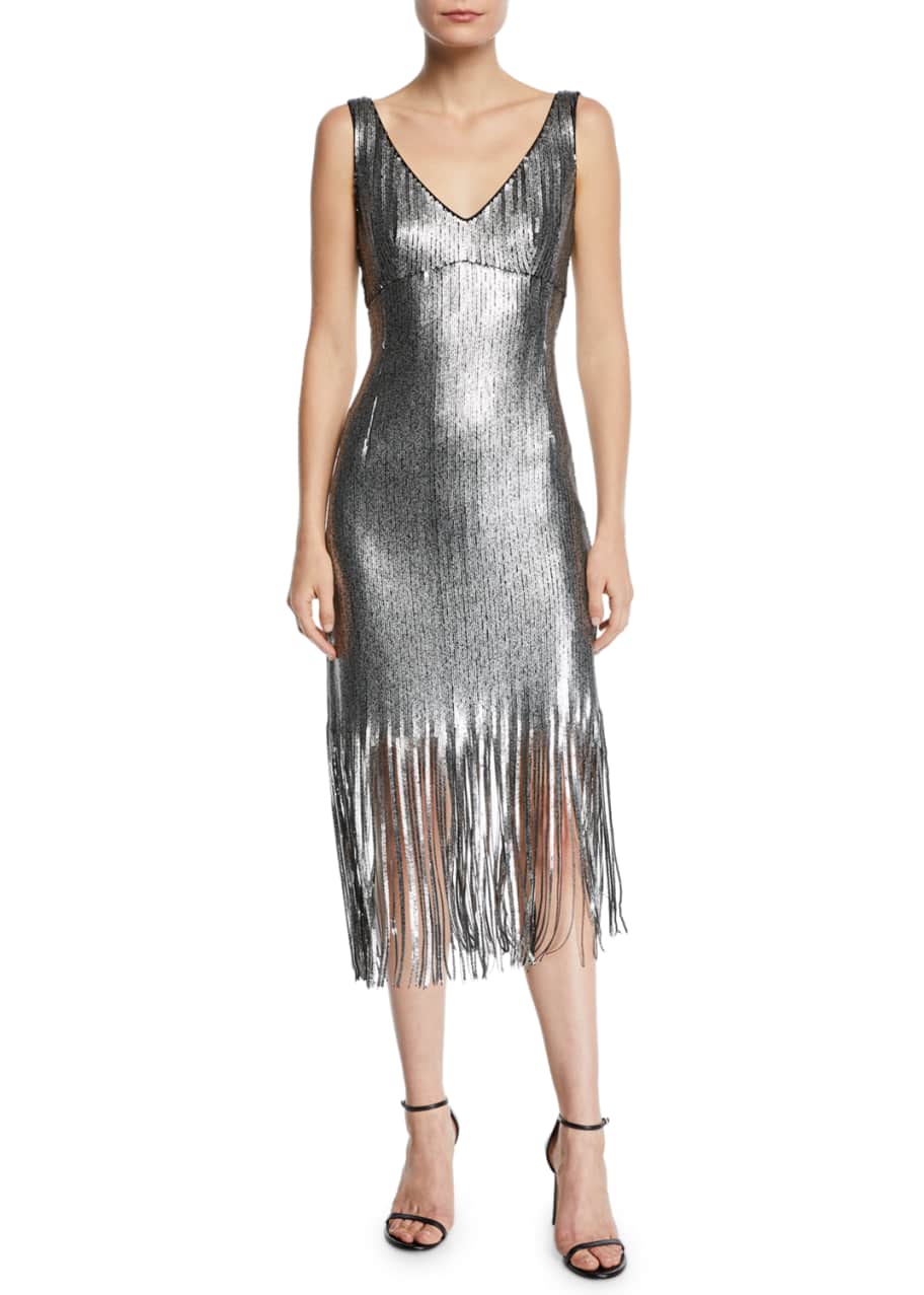 Image 1 of 1: Funkytown Sequin Mid-Length Slip Dress with Fringe