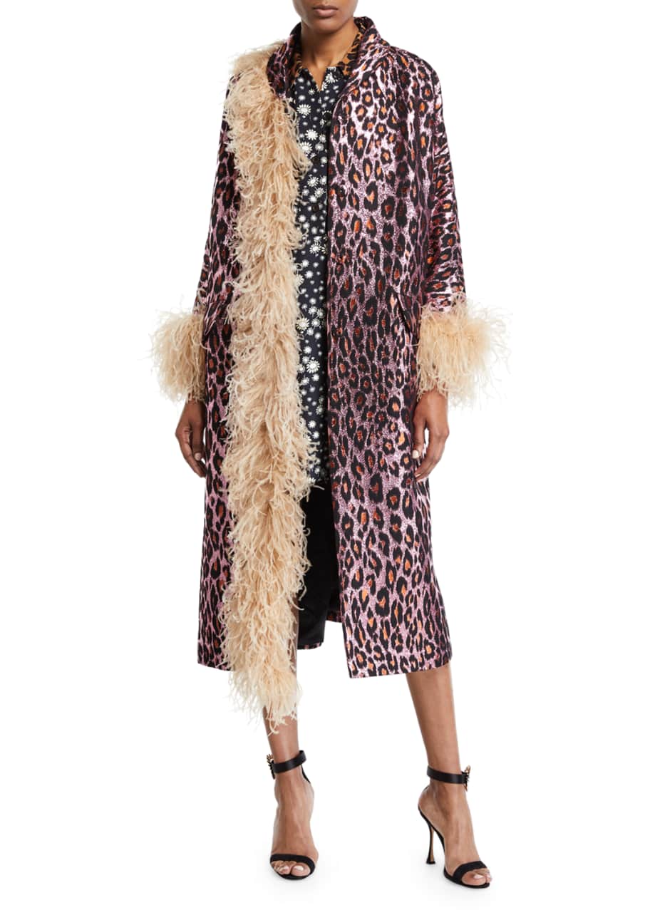 Miu Miu Leopard Jacquard Feather Trim Coat Bergdorf Goodman