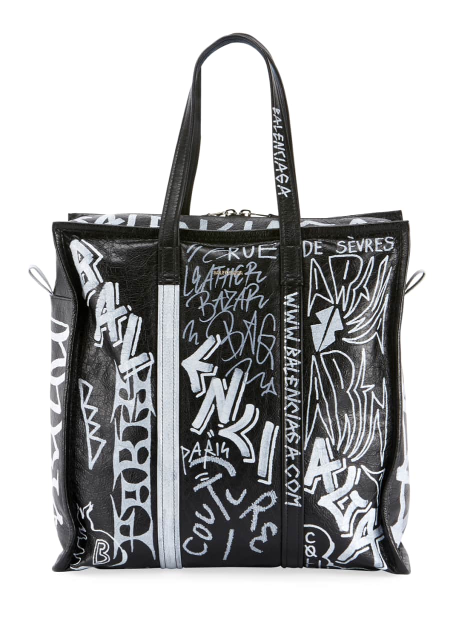 Balenciaga Men's Bazar Medium Graffiti Leather Shopper Tote Bag ...