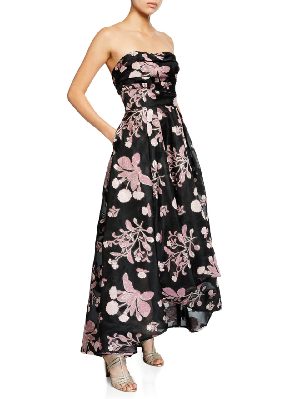 Strapless Floral Embroidered High Low Fil Coupe Dress