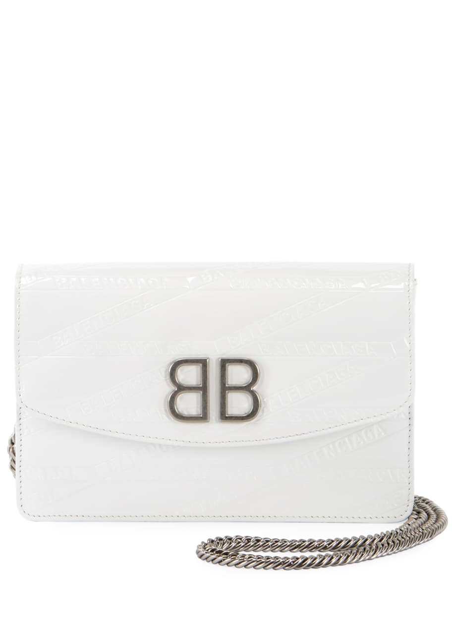 Balenciaga BB Logo Embossed Patent Wallet On Chain Silvertone