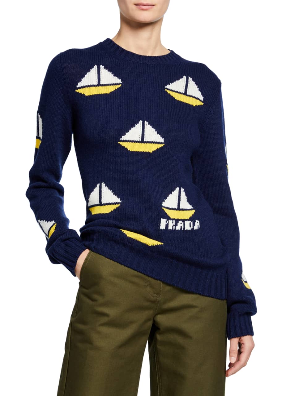 Prada Sailboat Jacquard Wool-Cashmere Sweater - Bergdorf Goodman