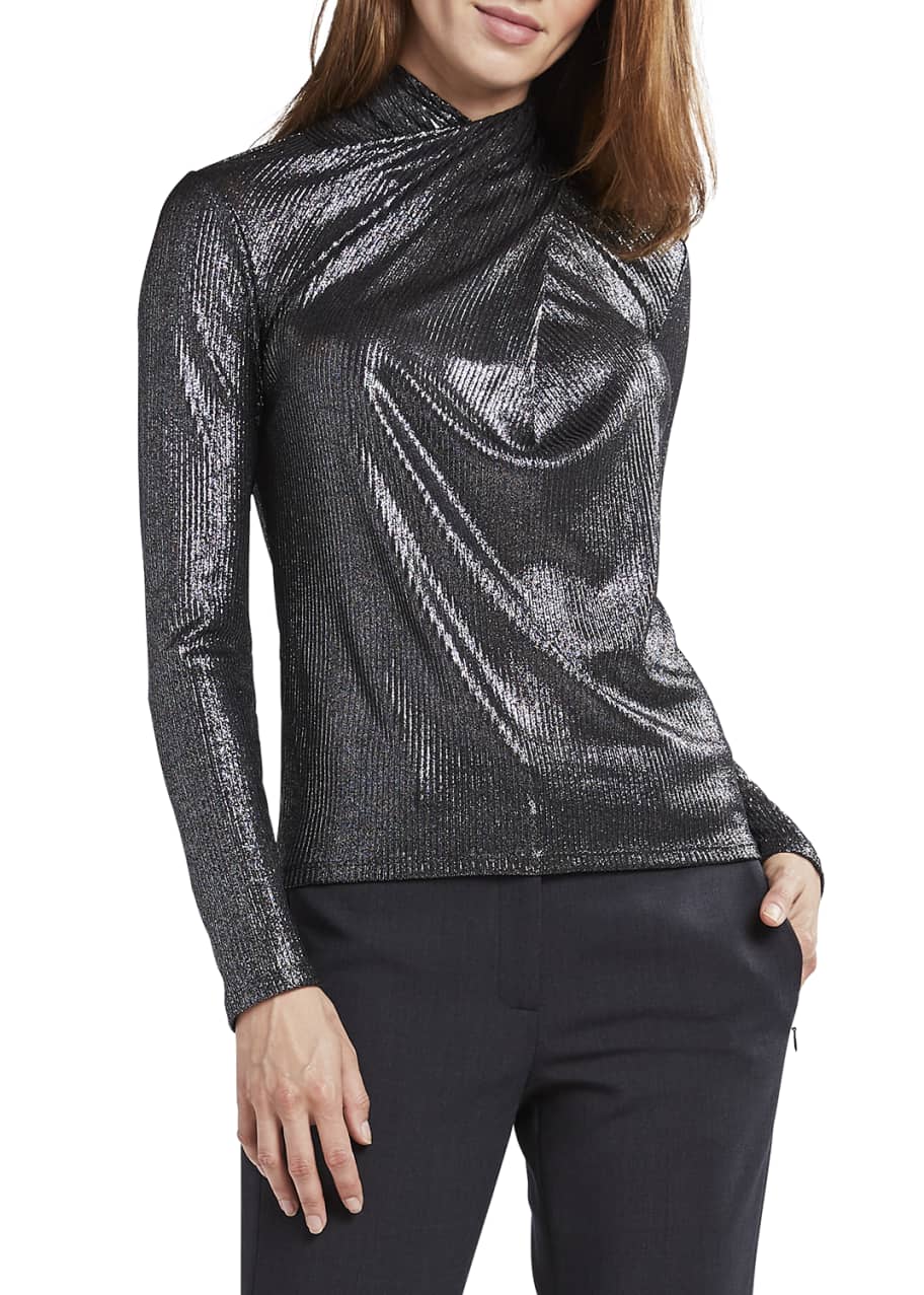 Elie Tahari Keilani HighNeck LongSleeve Metallic Knit Top Bergdorf