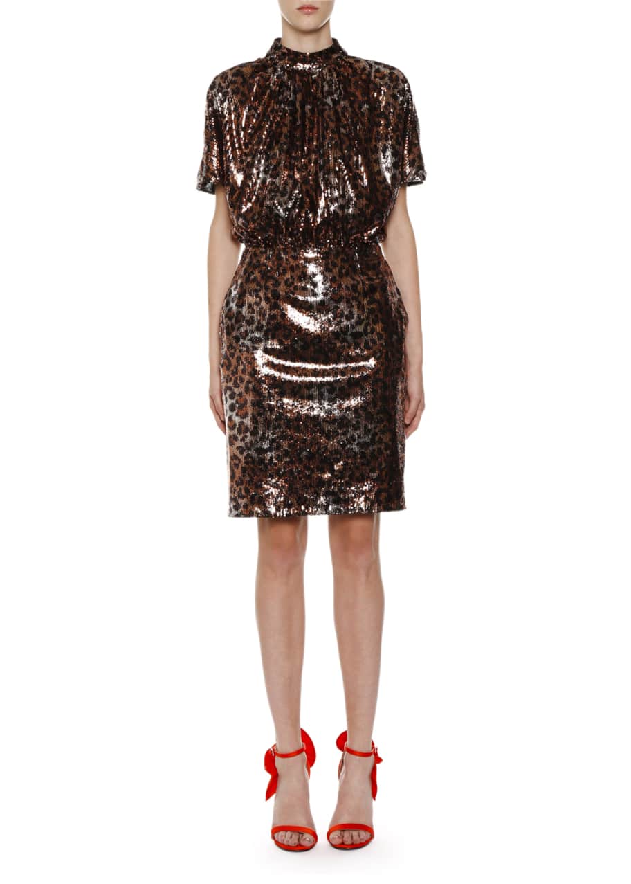Sequin Leopard Print Mock Neck Backless Dress