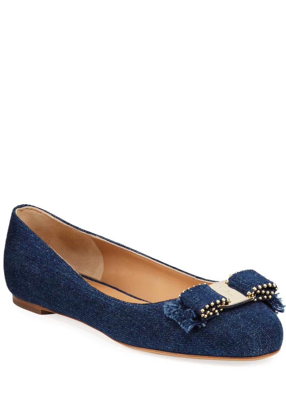 Salvatore Ferragamo Varina Denim Ballet Flats with Studded Bow