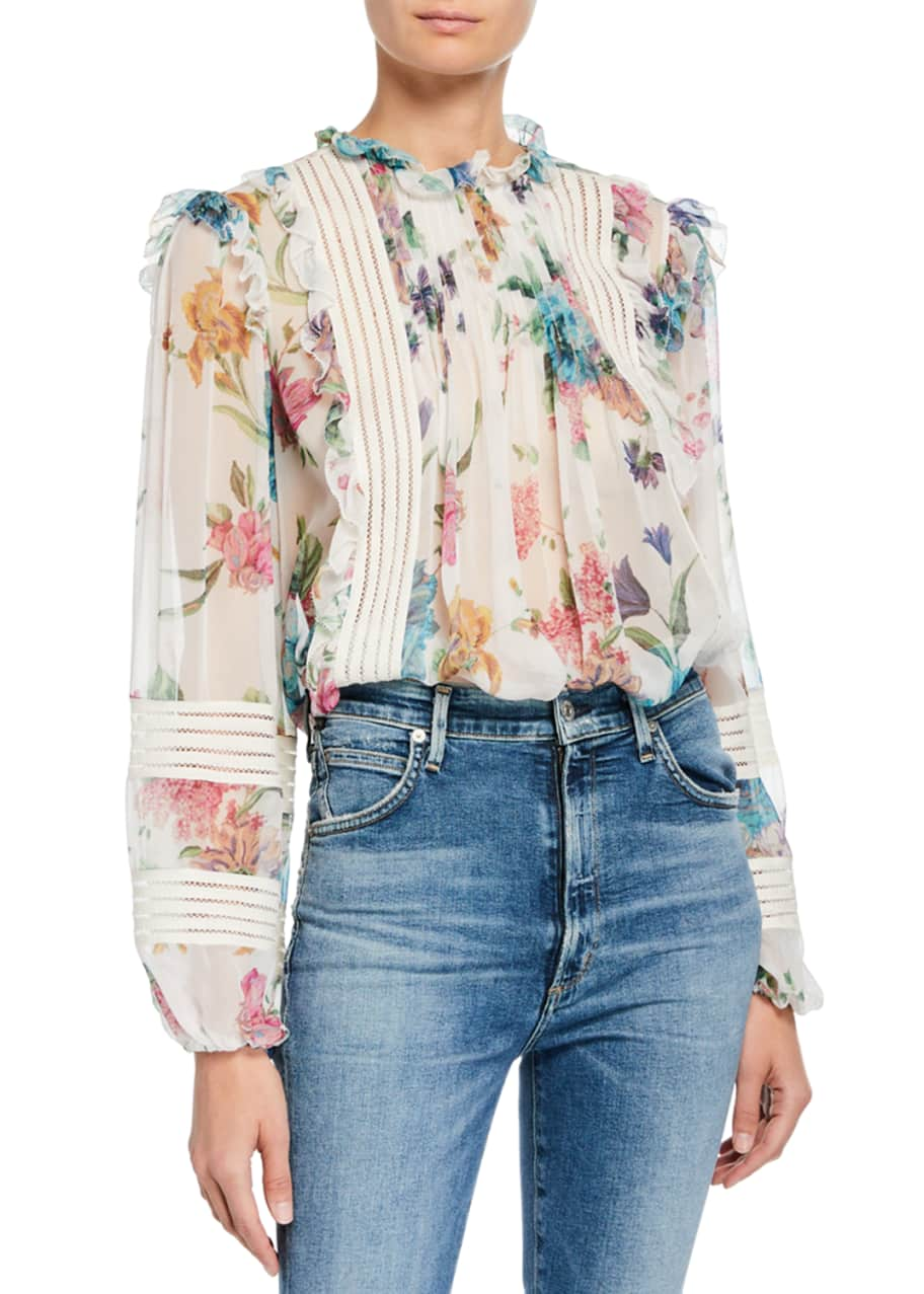 Zimmermann Ninety-Six Linear Ruffle Floral-Print Blouse - Bergdorf Goodman