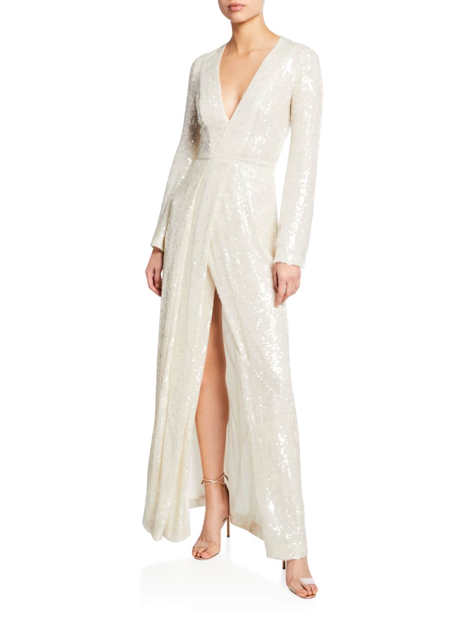 Image 1 of 1: Long-Sleeve Sequin-Embroidered Gown