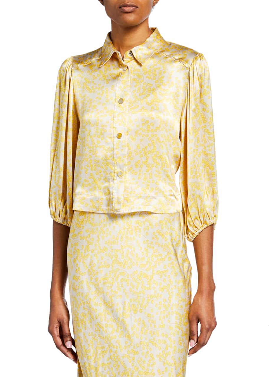 Image 1 of 1: Tiny Floral-Print Button-Down 3/4-Sleeve Shirt