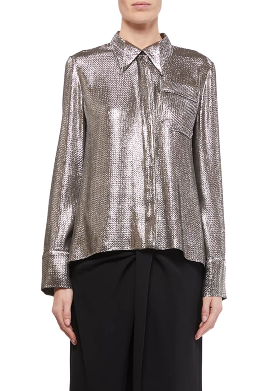 Roland Mouret LongSleeve ButtonFront Shimmer Shirt Bergdorf Goodman