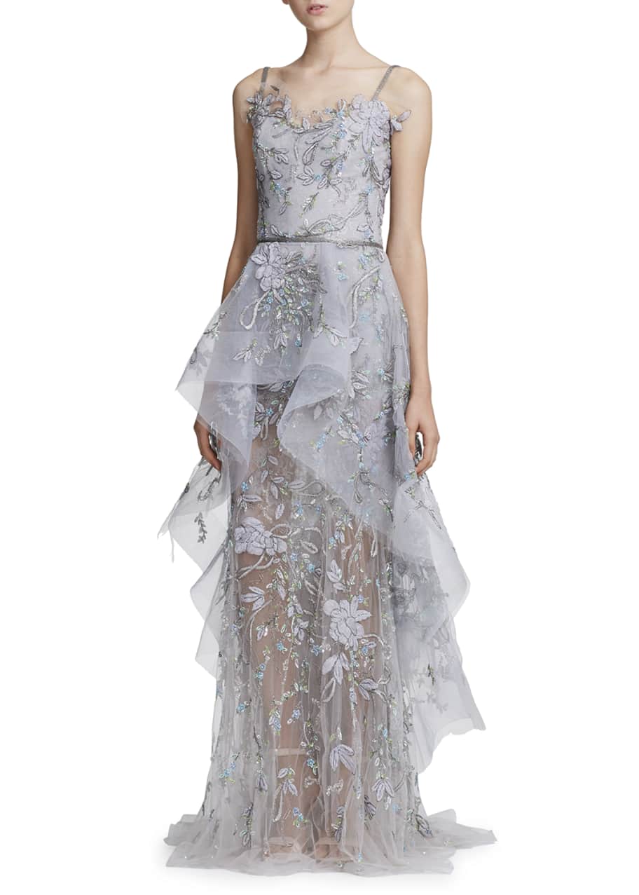 Marchesa Floral-Embroidered Tiered Tulle & Organza Peplum Gown ...