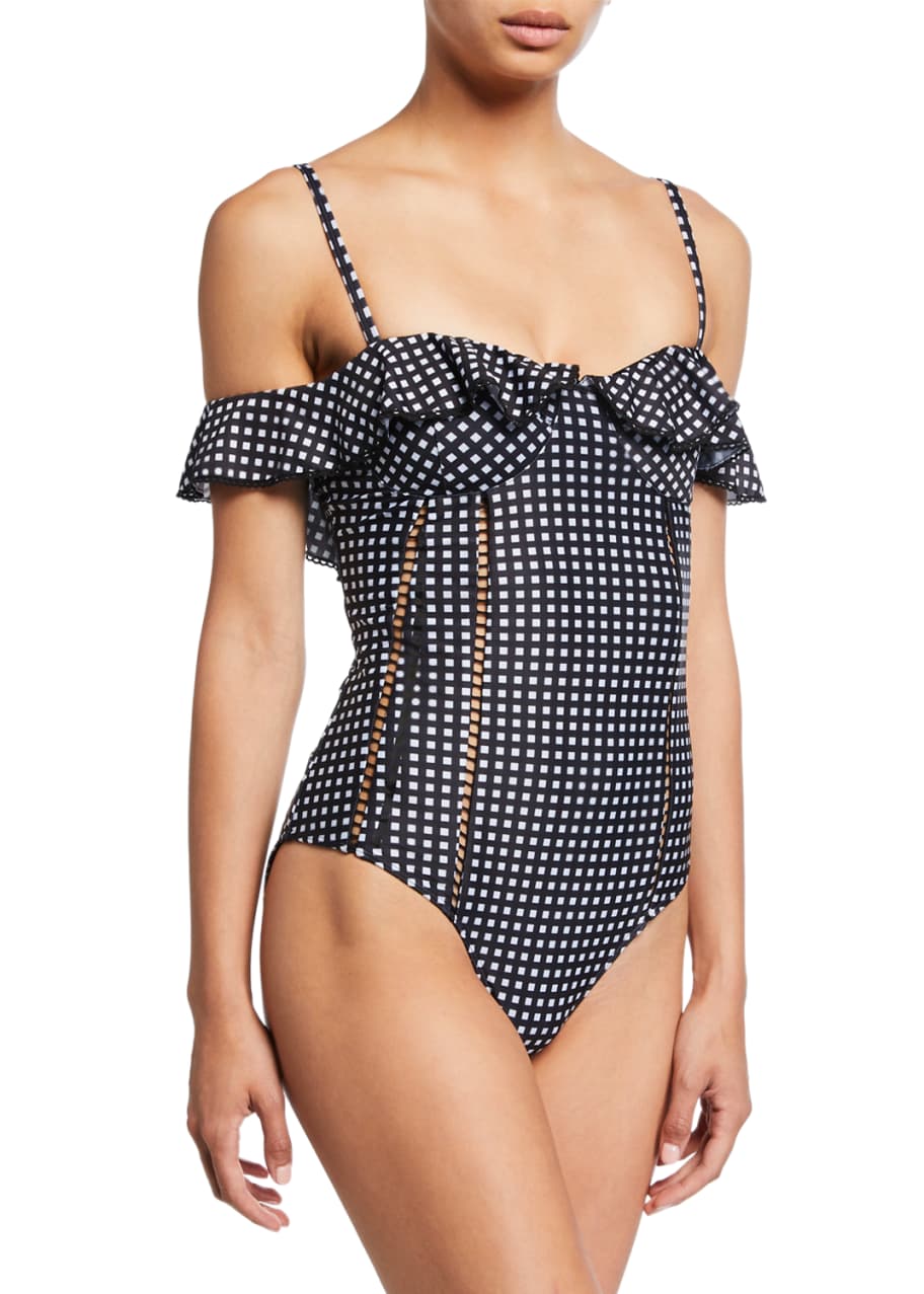 Jonathan Simkhai Gingham Ruffle Cold Shoulder One Piece Swimsuit