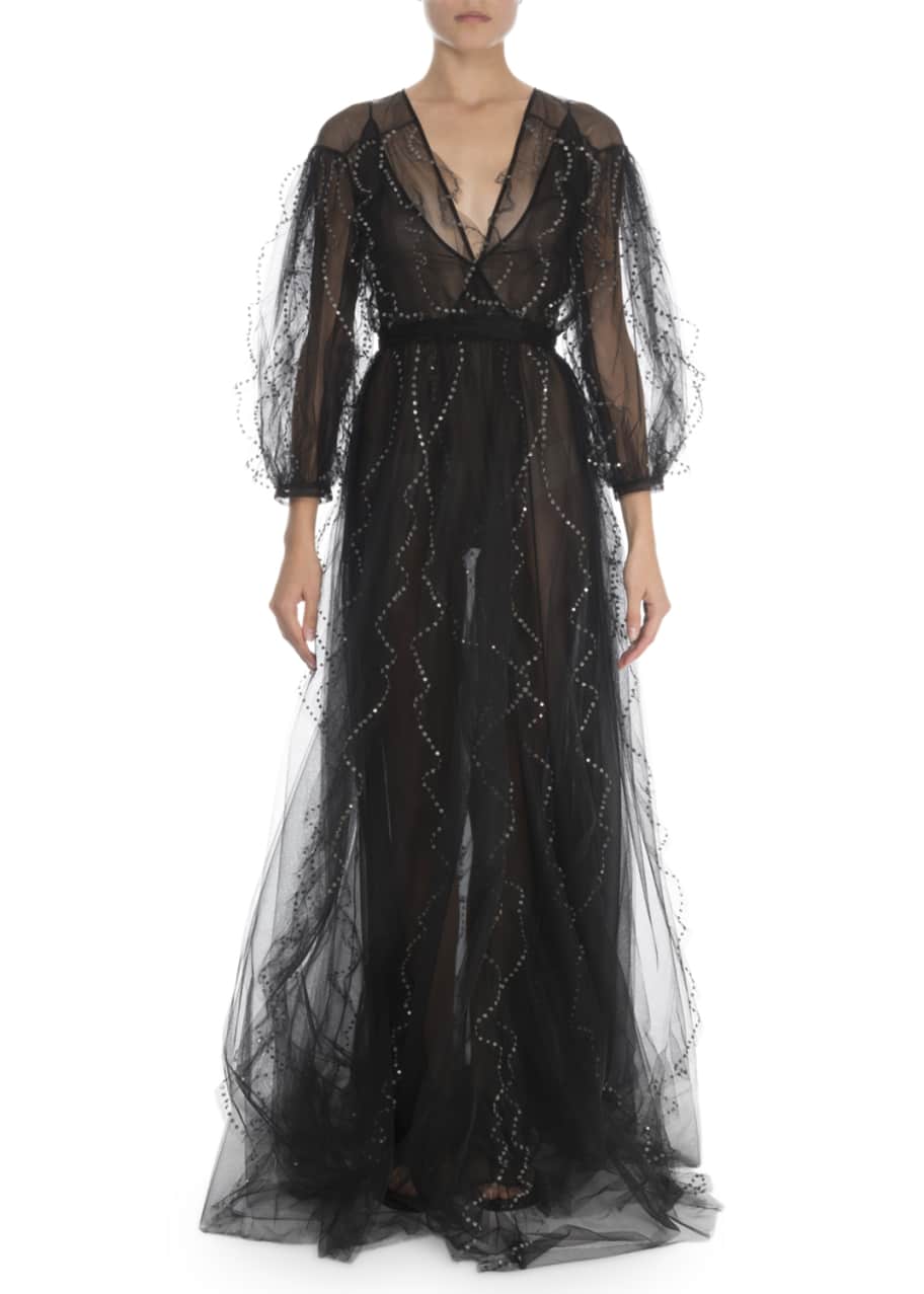 Valentino Puff-Sleeve Embroidered Tulle Gown - Bergdorf Goodman