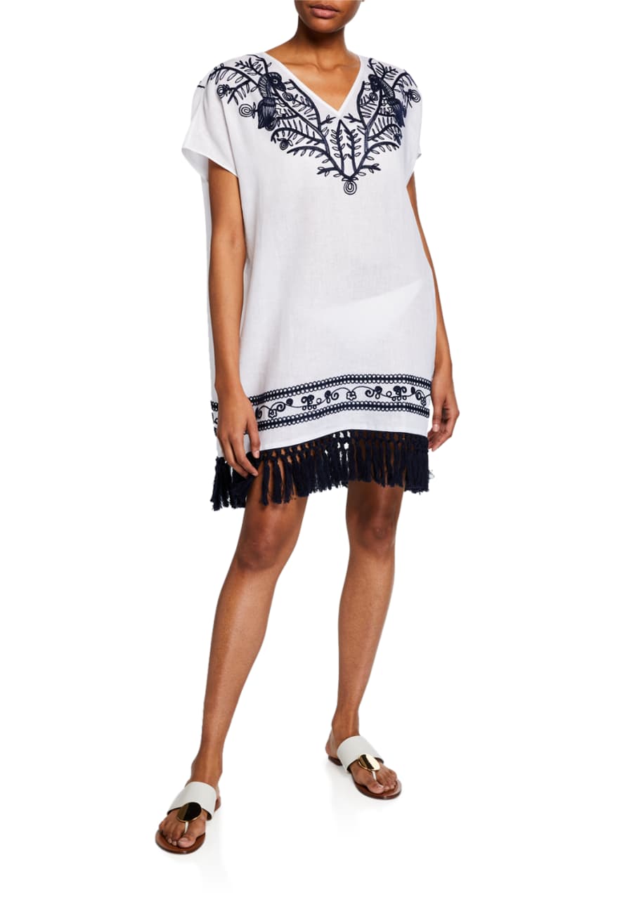 Tory Burch VNeck Embroidered Beach Caftan w/ Tassel Hem Bergdorf Goodman