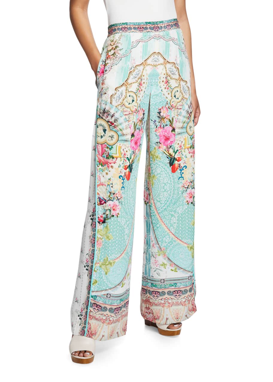Camilla Wide-Leg Printed Pants with Side Pleat - Bergdorf Goodman
