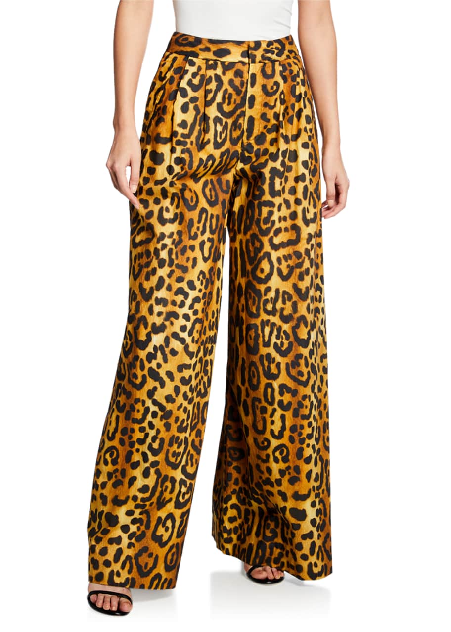 Image 1 of 1: Leopard-Print Poplin Wide-Leg Pleated Pants