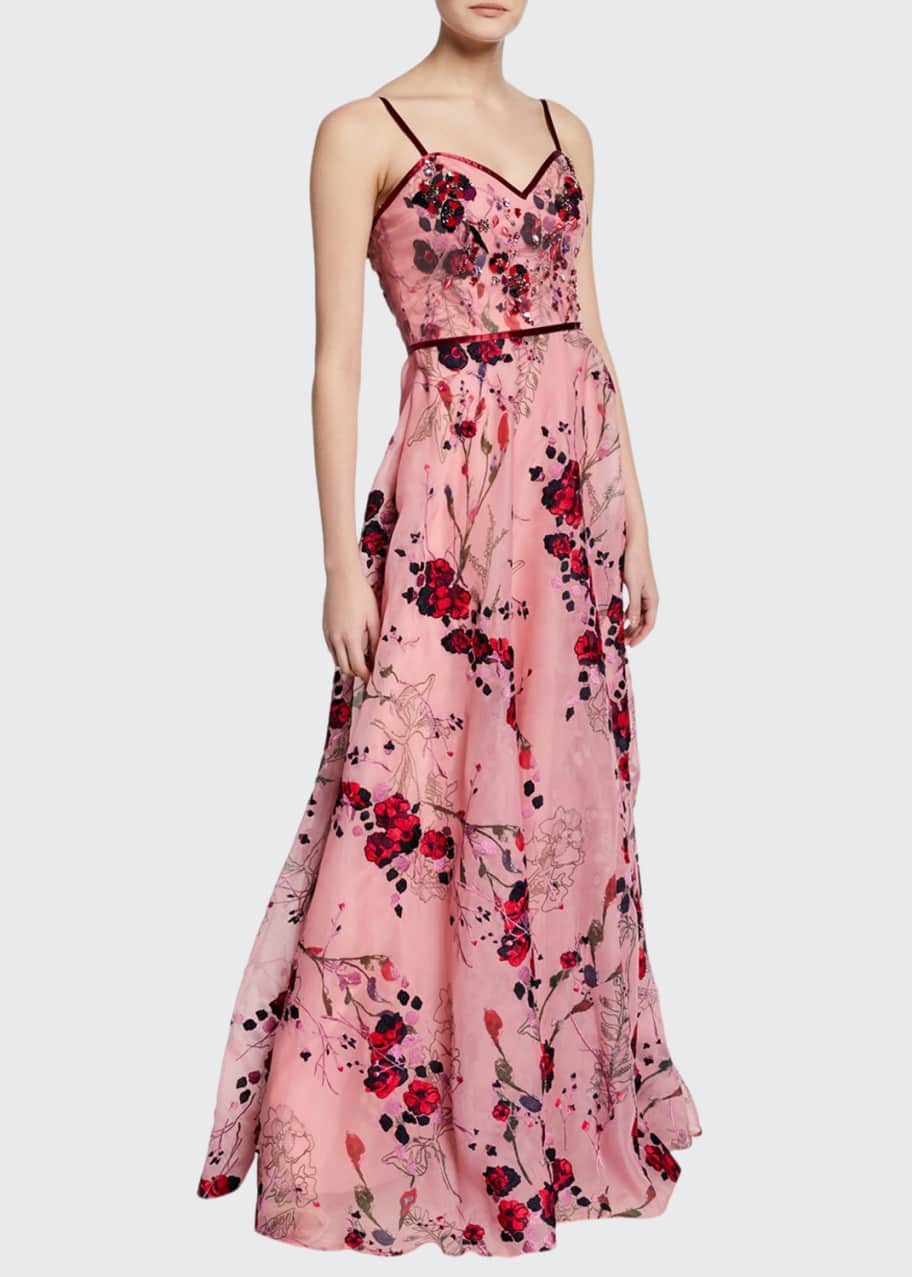 Marchesa Notte Printed Floral-Embroidered Sleeveless Organza Gown w ...