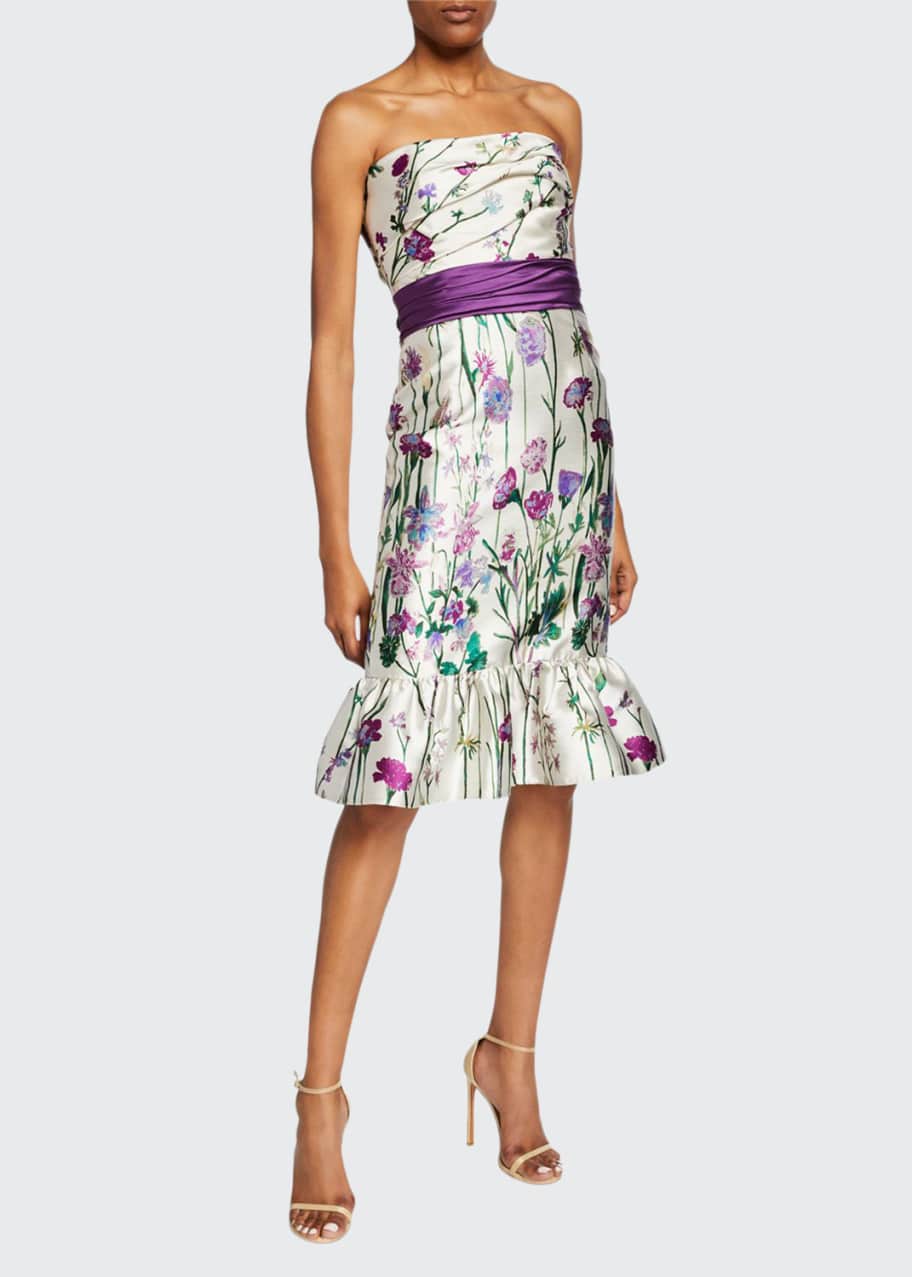 Image 1 of 1: Floral-Print Strapless Mikado Dress with Bow Detail & Ruffle Hem