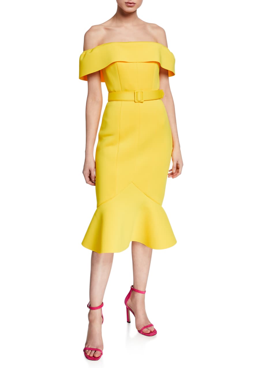 Badgley Mischka Collection OfftheShoulder ShortSleeve Belted Flounce