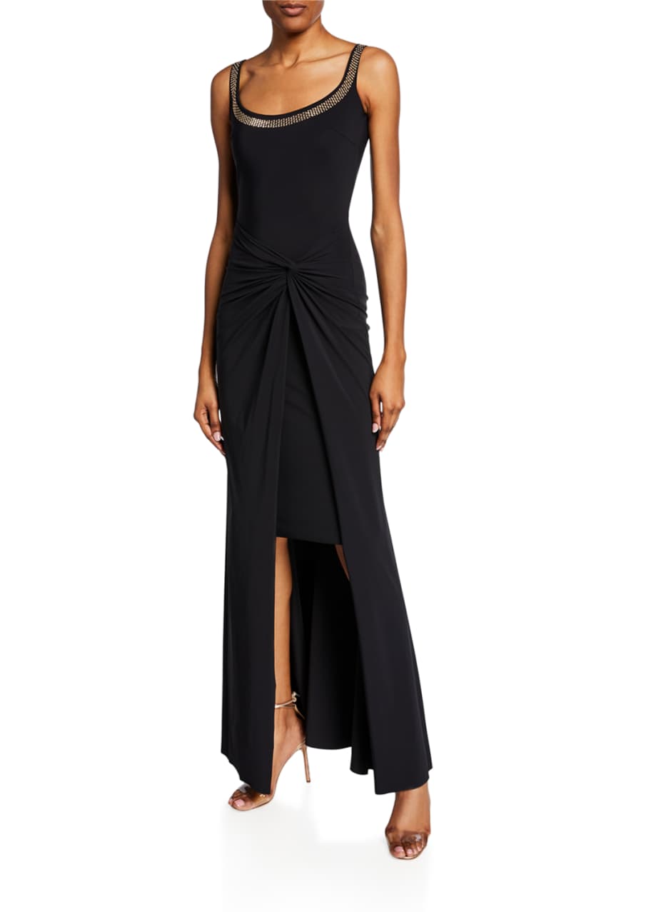 Image 1 of 1: Kinga Beaded Scoop-Neck Sleeveless Gown w/ Knotted Skirt Overlay