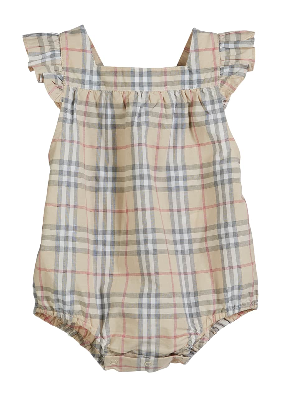 Image 1 of 1: Washed Check Ruffle-Trim Bubble Romper, Size 3-18 Months