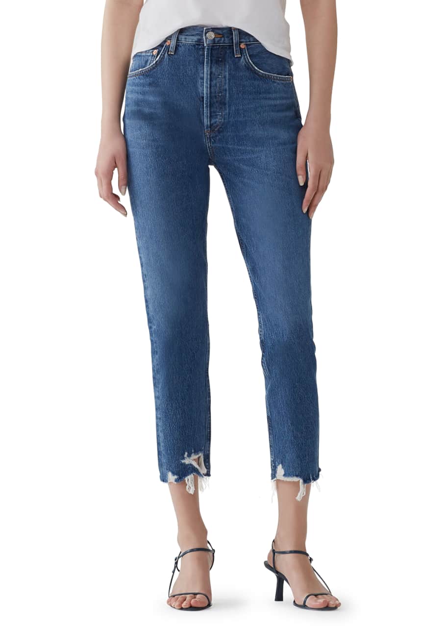 AGOLDE Riley High-Rise Straight Crop Jeans w/ Shredded Hem - Bergdorf ...