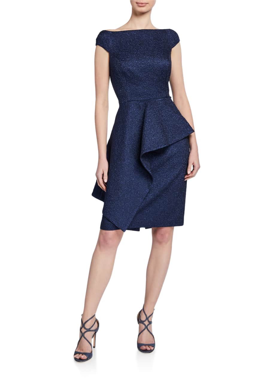 Metallic Jacquard Off Shoulder Cap Sleeve Asymmetric Peplum Dress