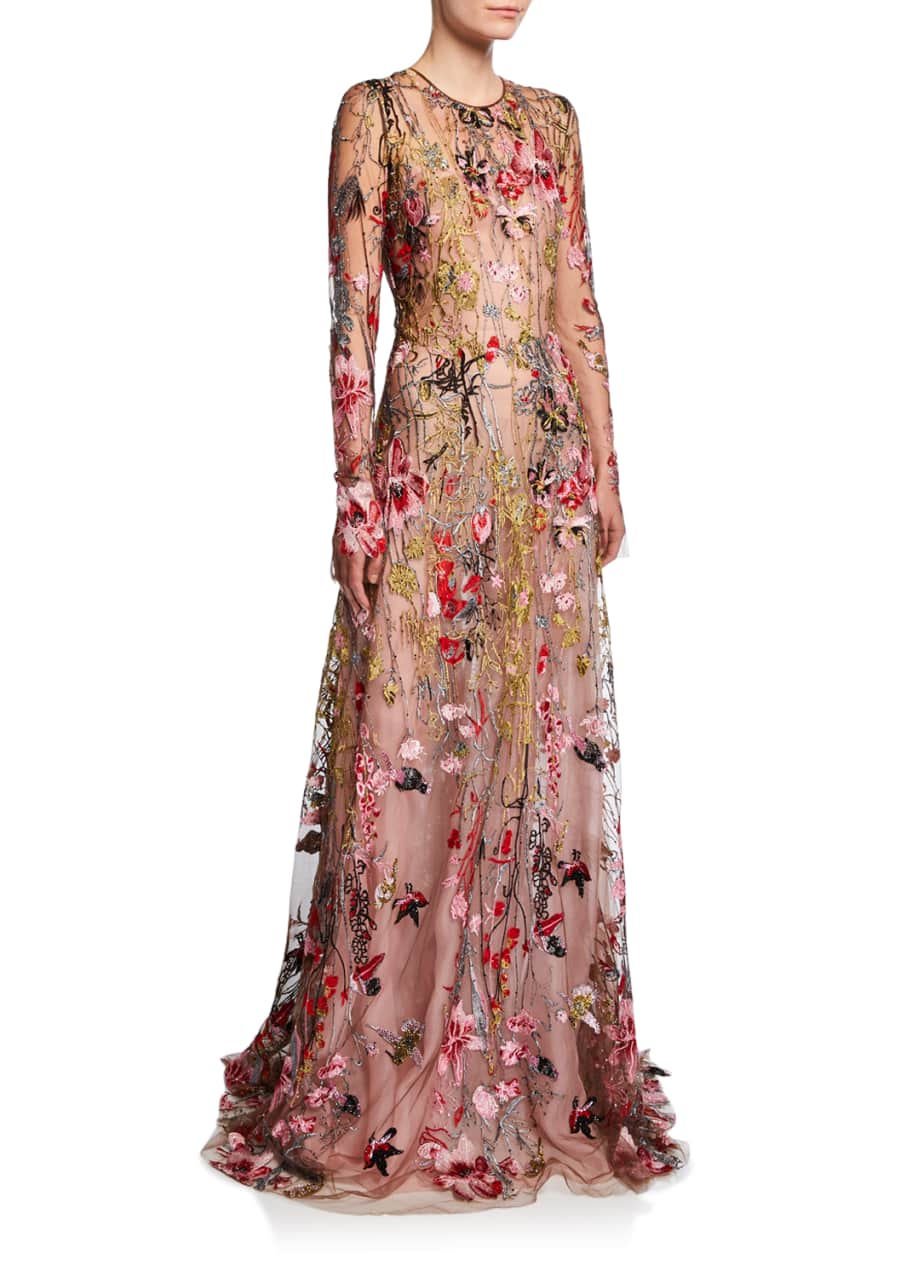 Naeem Khan Long-Sleeve Flower Embroidered Gown - Bergdorf Goodman
