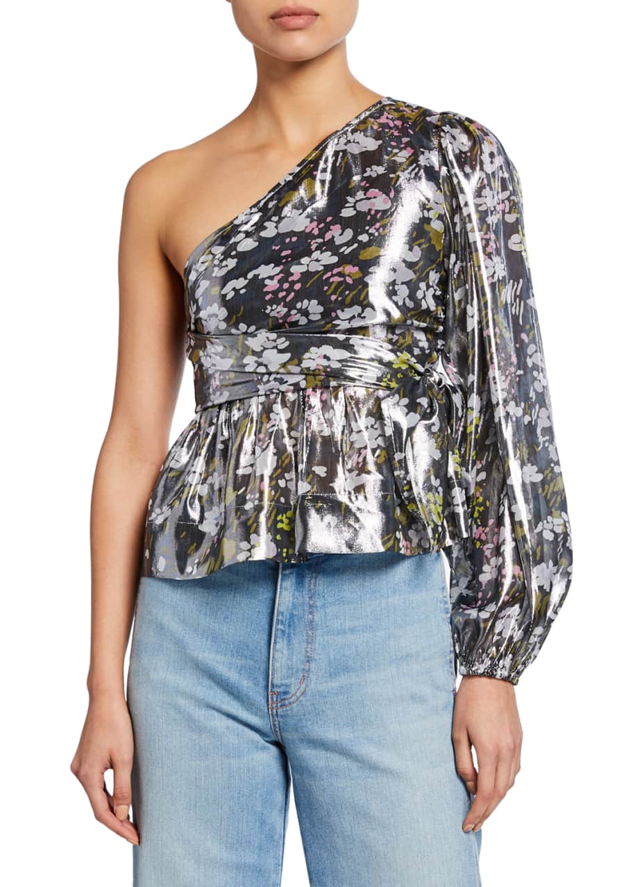 Image 1 of 1: Metallic Silk One-Shoulder Floral Top