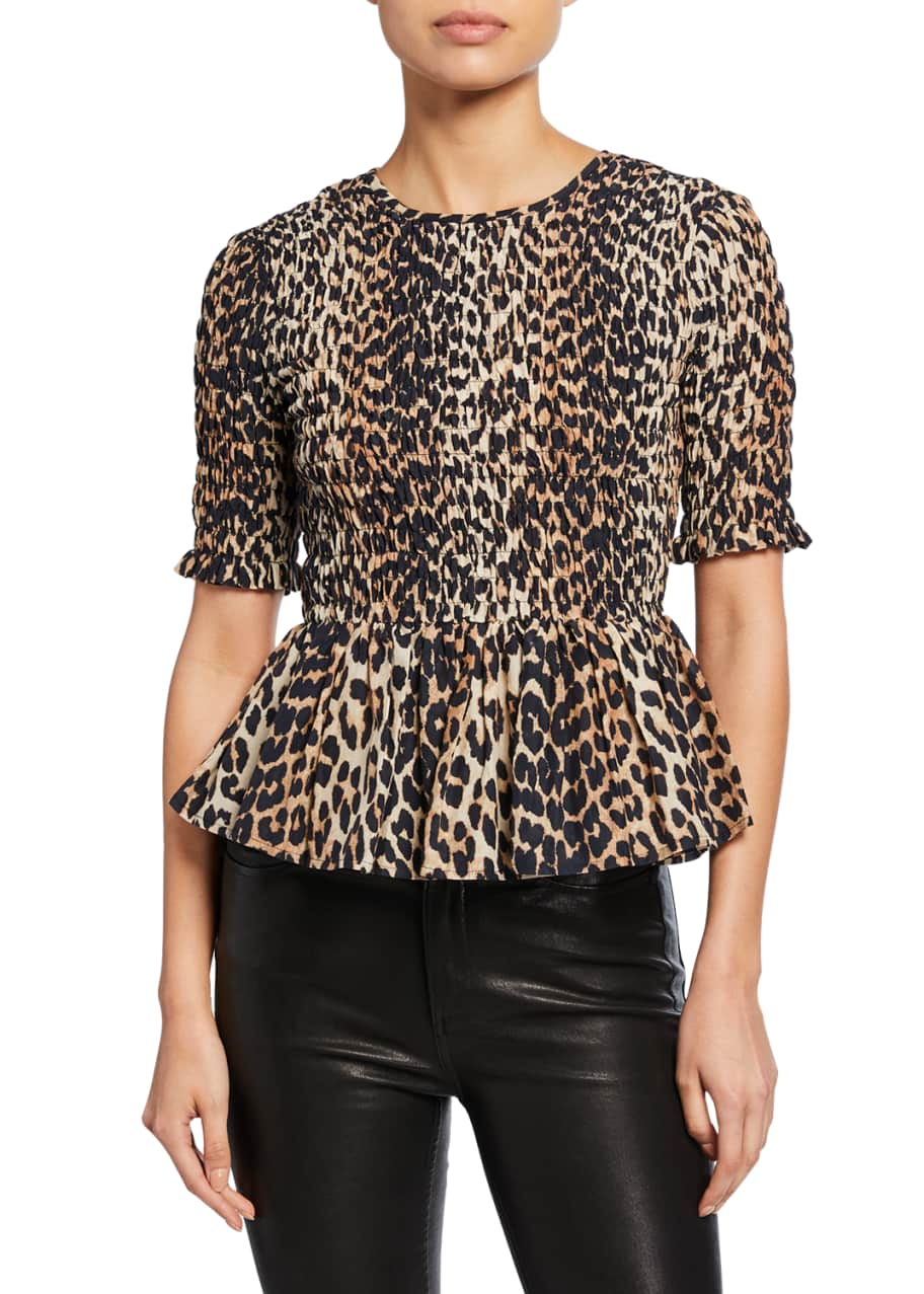 Ganni Leopard-Print Smocked Short-Sleeve Peplum Top - Bergdorf Goodman