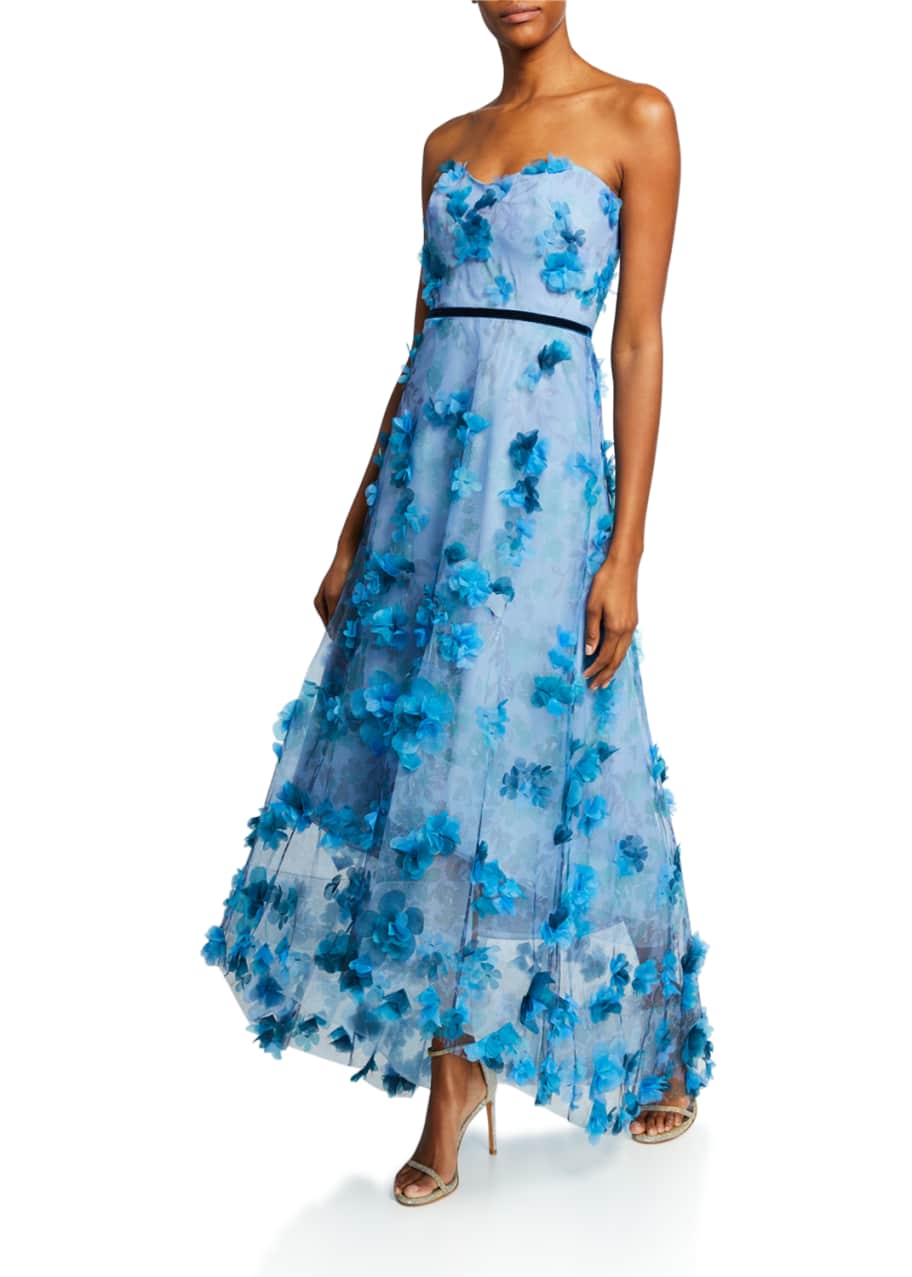 Marchesa Notte Printed Strapless High-Low Gown with 3D Flower Degrade ...