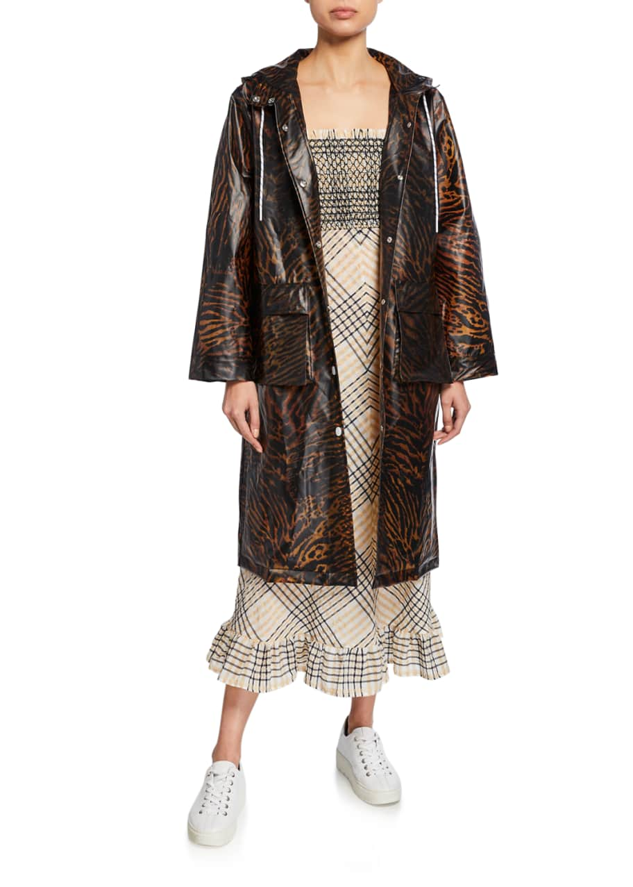 Image 1 of 1: Tiger-Print Hooded Long Raincoat