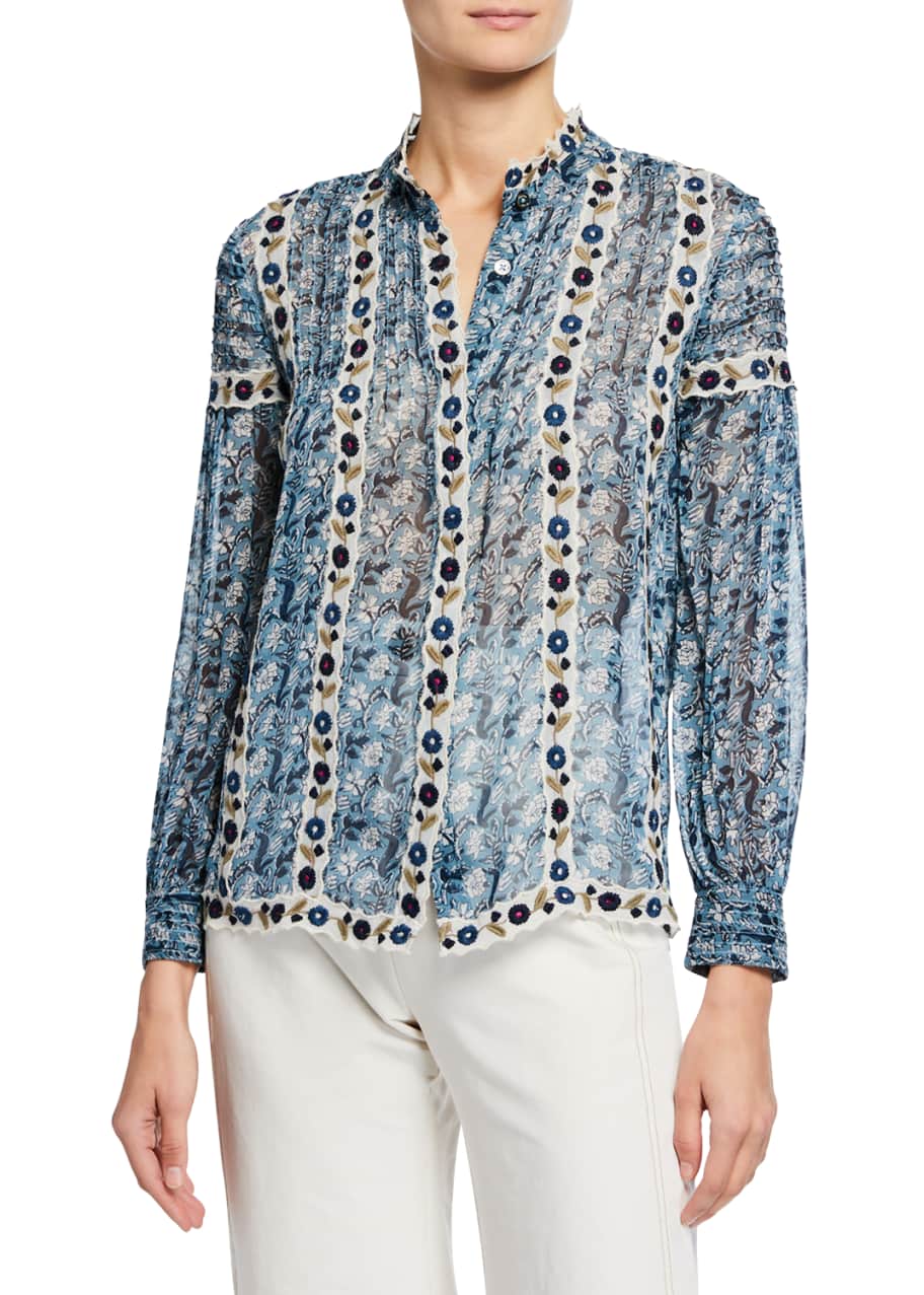 Sea Bella Floral-Print Button-Front Long-Sleeve Blouse w/ Embroidery ...