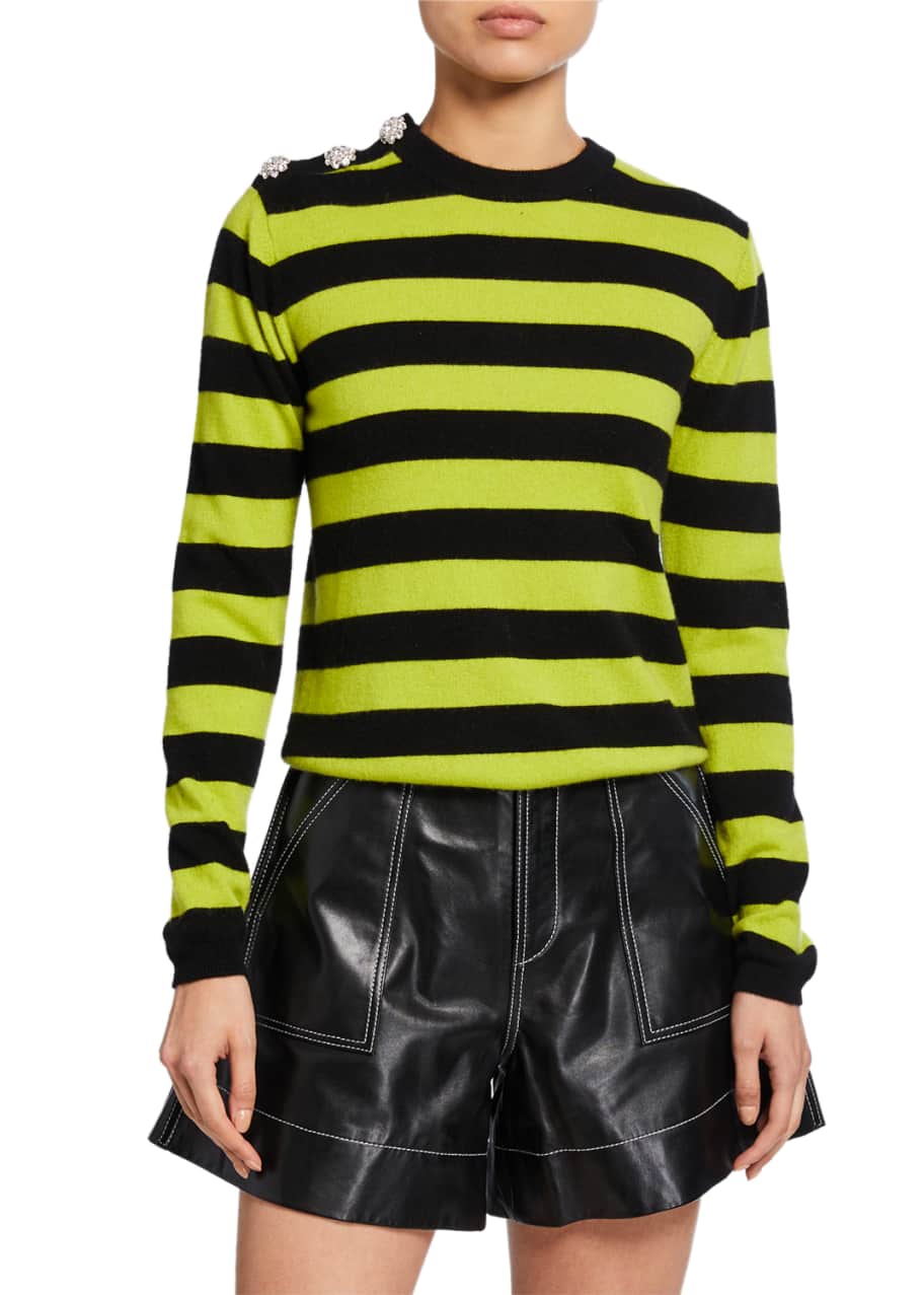 Image 1 of 1: Striped Long-Sleeve Cashmere Sweater w/ Bejeweled Shoulder