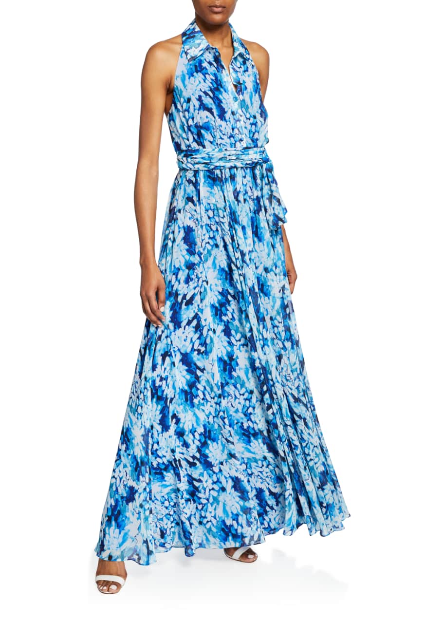 Image 1 of 1: Printed Button-Front Halter Shirt Gown