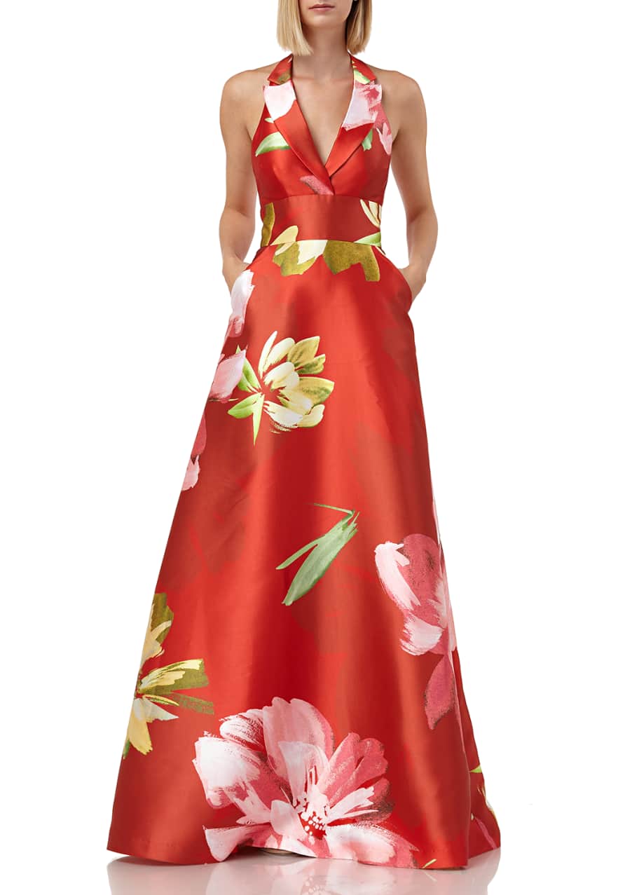 Kay Unger New York Floral-Printed Mikado Halter Gown with Pockets ...