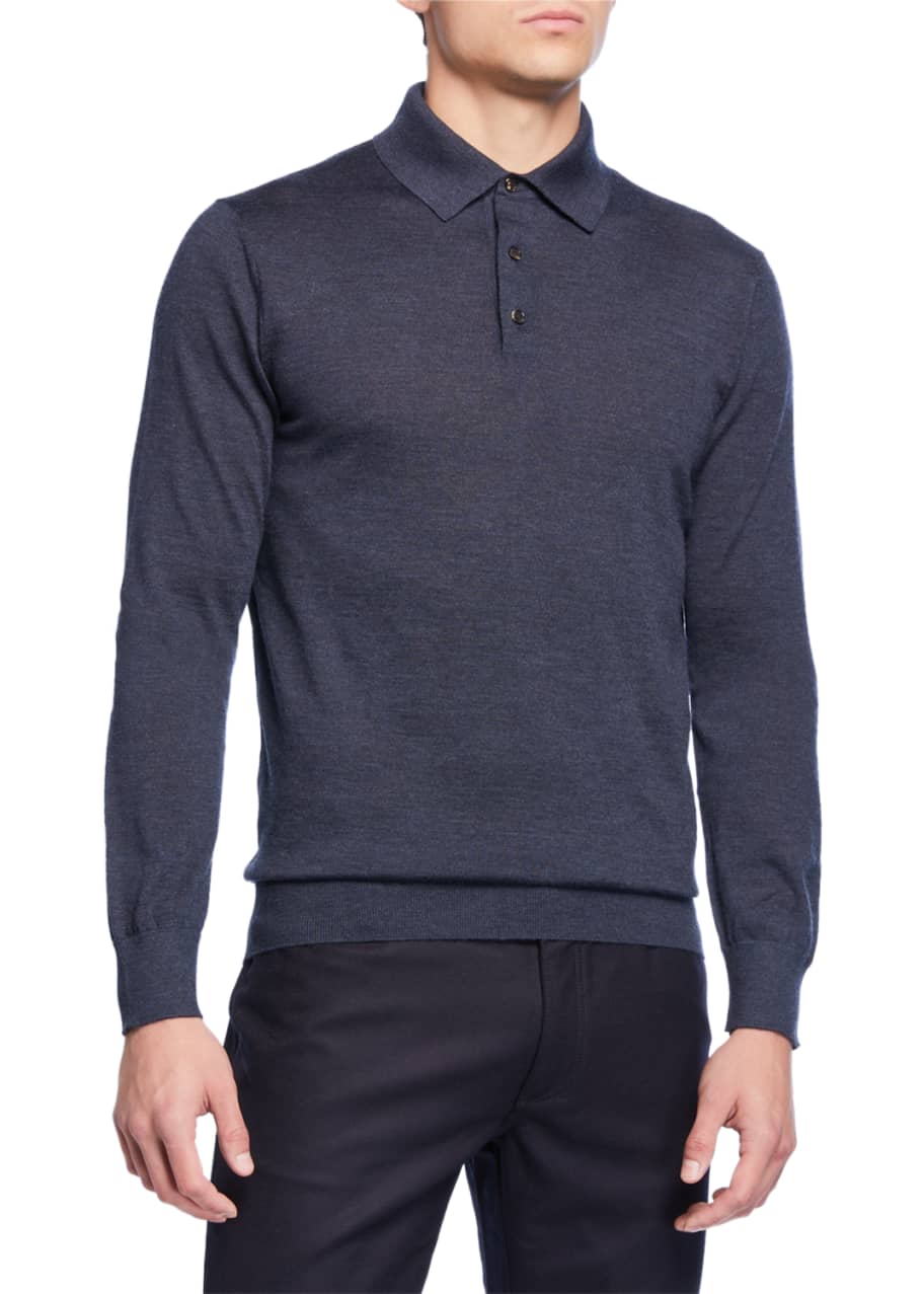 Ermenegildo Zegna Men's Long-Sleeve Cashmere-Silk Polo Shirt, Teal ...