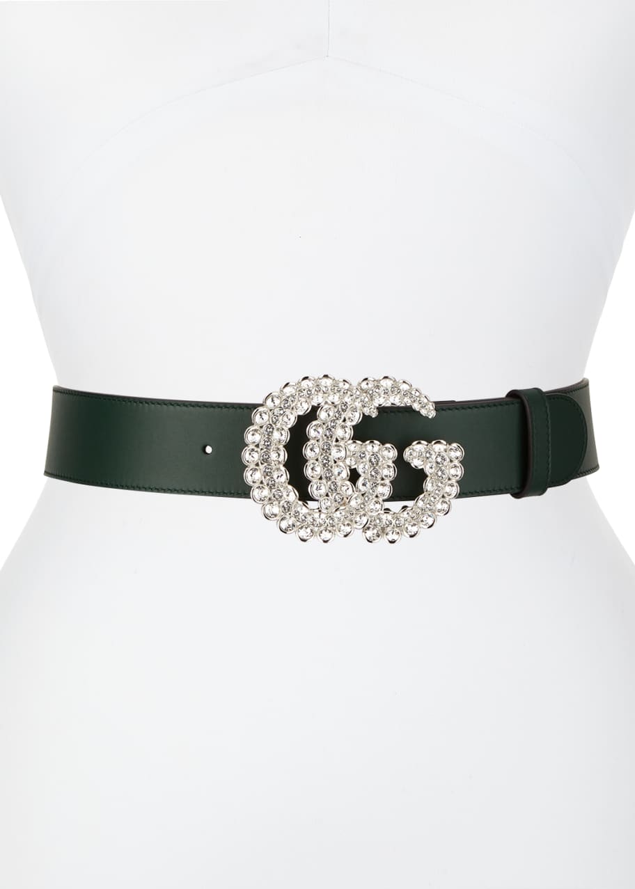 Image 1 of 1: Leather Belt w/ Double G Crystal Buckle