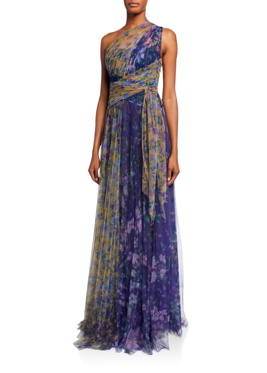 Marchesa Notte Colorblock Floral-Print One-Shoulder Tulle Dress w/ Back ...