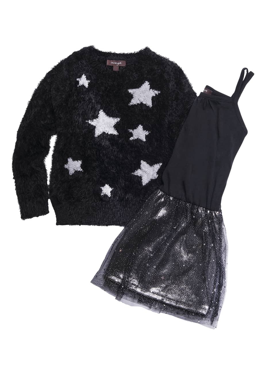 Image 1 of 1: Sleeveless Chiffon Dress w/ Yarn Star Intarsia Sweater, Size 4-6