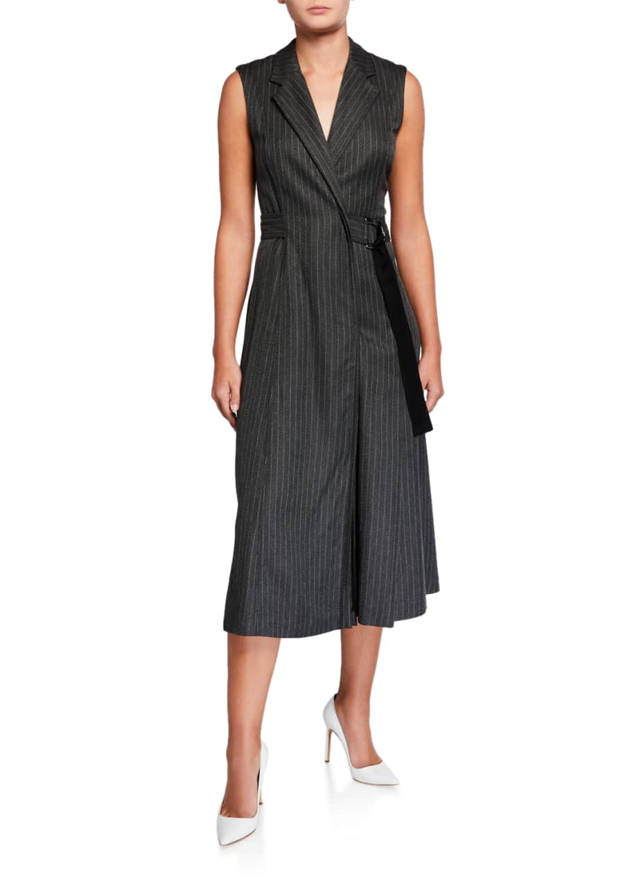 Jason Wu Pinstriped Twill Suiting Sleeveless Midi Trench Dress