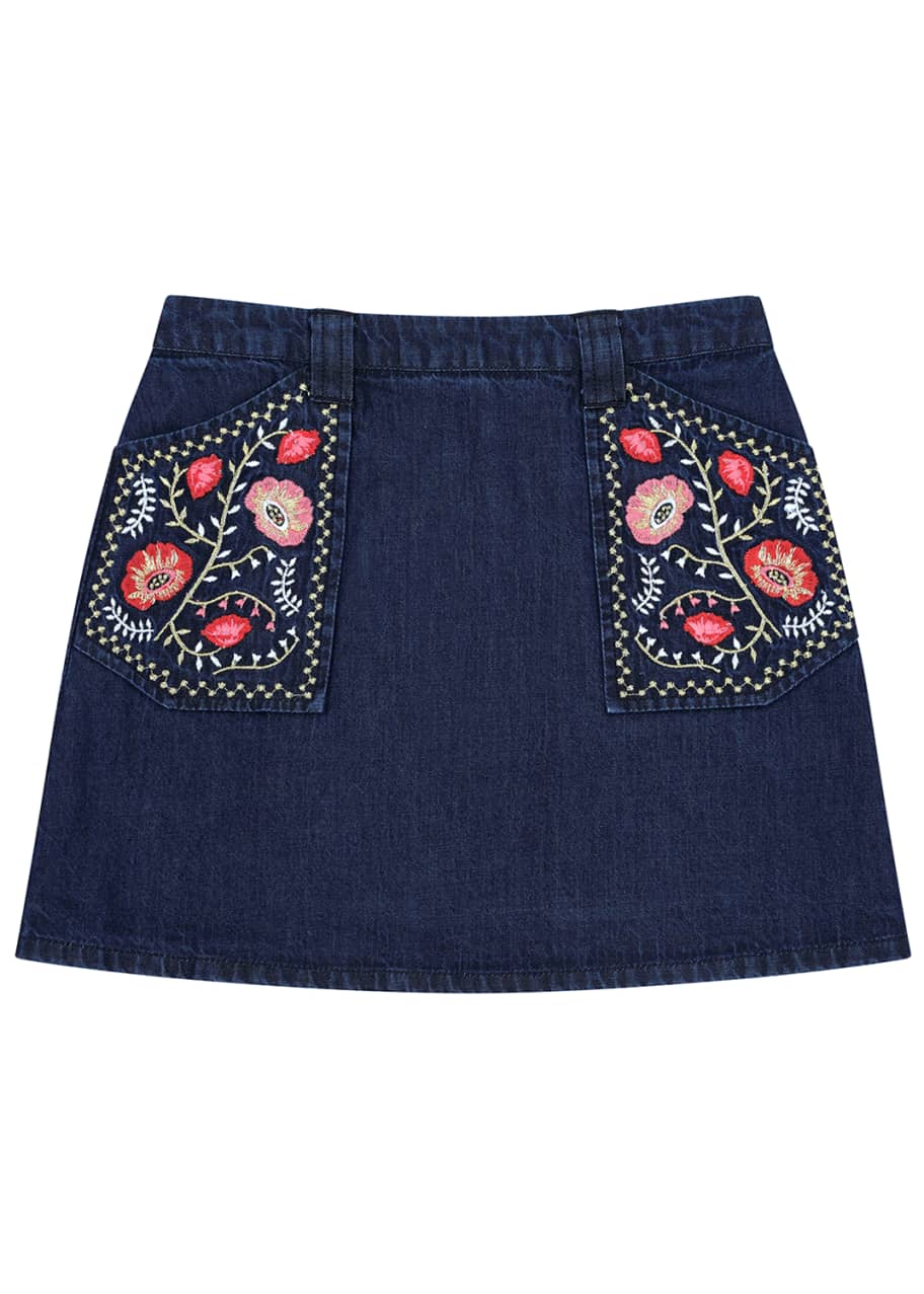 Image 1 of 1: Rhea Denim Embroidered A-Line Skirt, Size 8-12