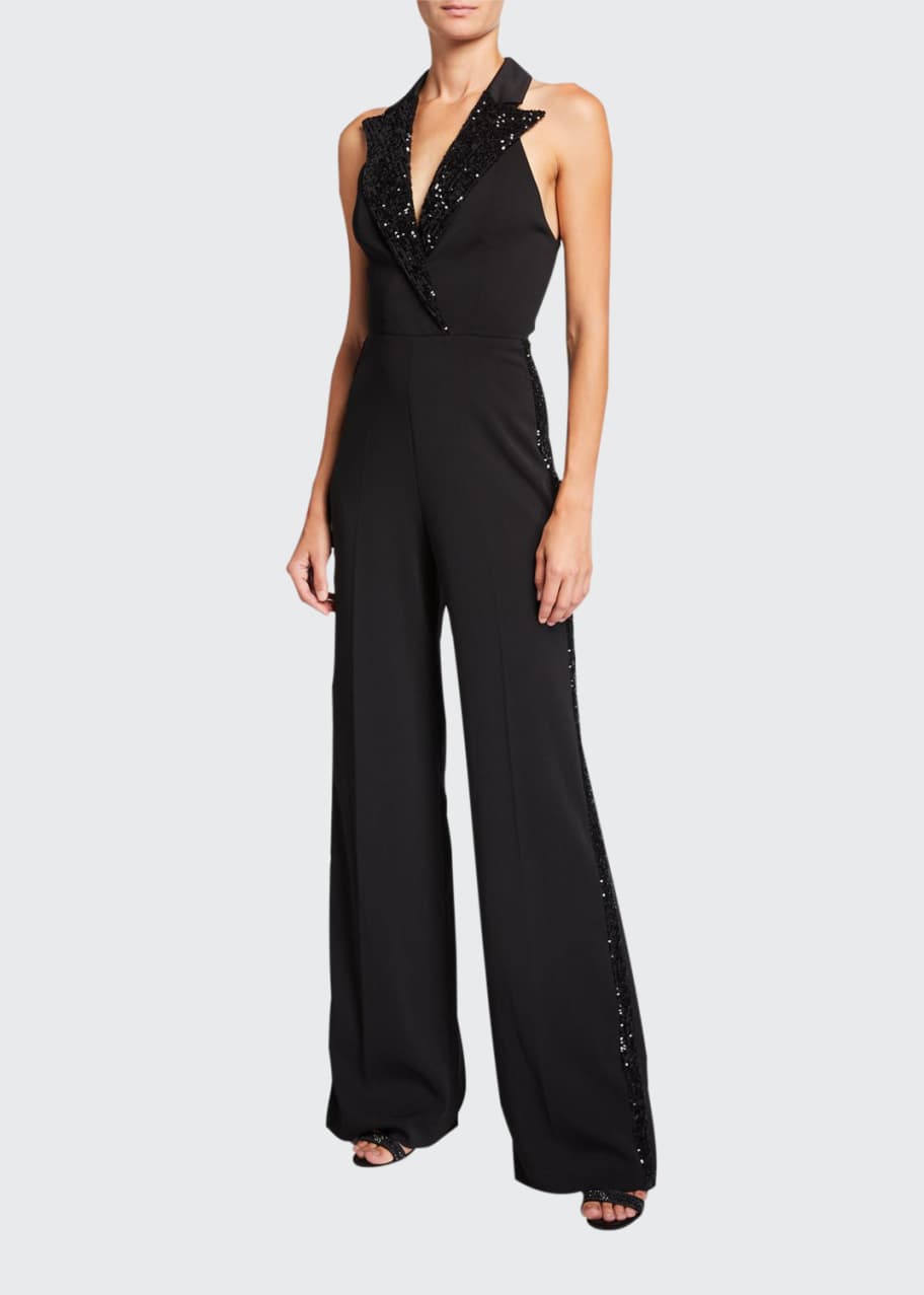 Jay Godfrey Pierce Halter Tux Jumpsuit with Sequin Lapels Side