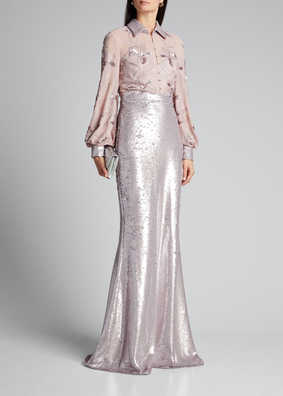 Sequined Floral Embroidered Shirt Gown