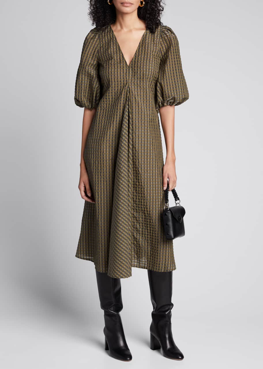 Ganni check puff sleeve dress clearance