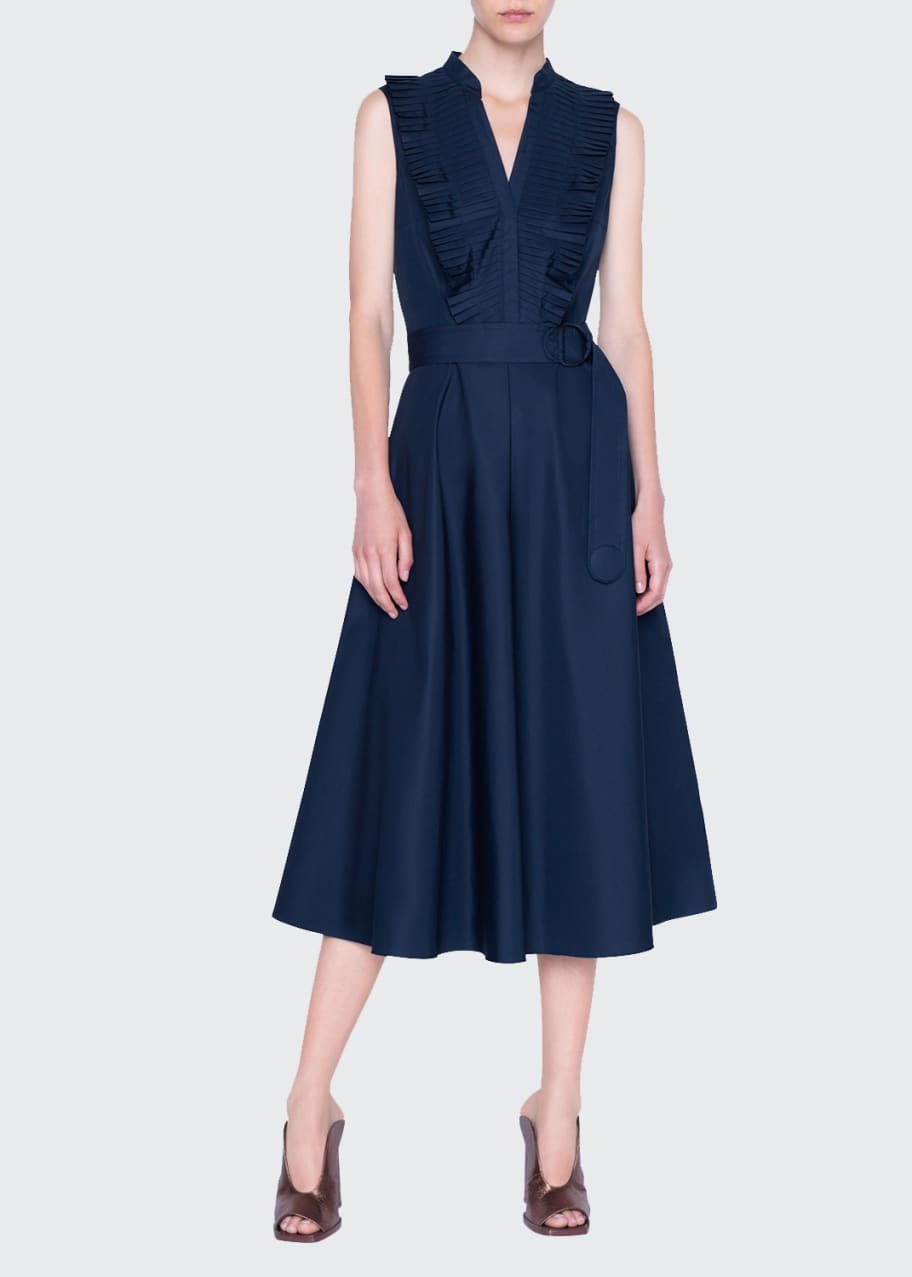 Image 1 of 1: Plisse Cotton Midi Belted Dress