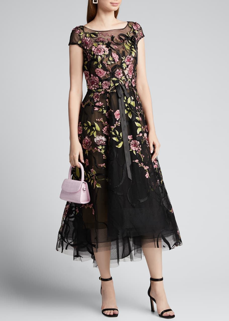 Marchesa Floral-Embroidered Ribbon-Waist Tea Length Dress - Bergdorf ...