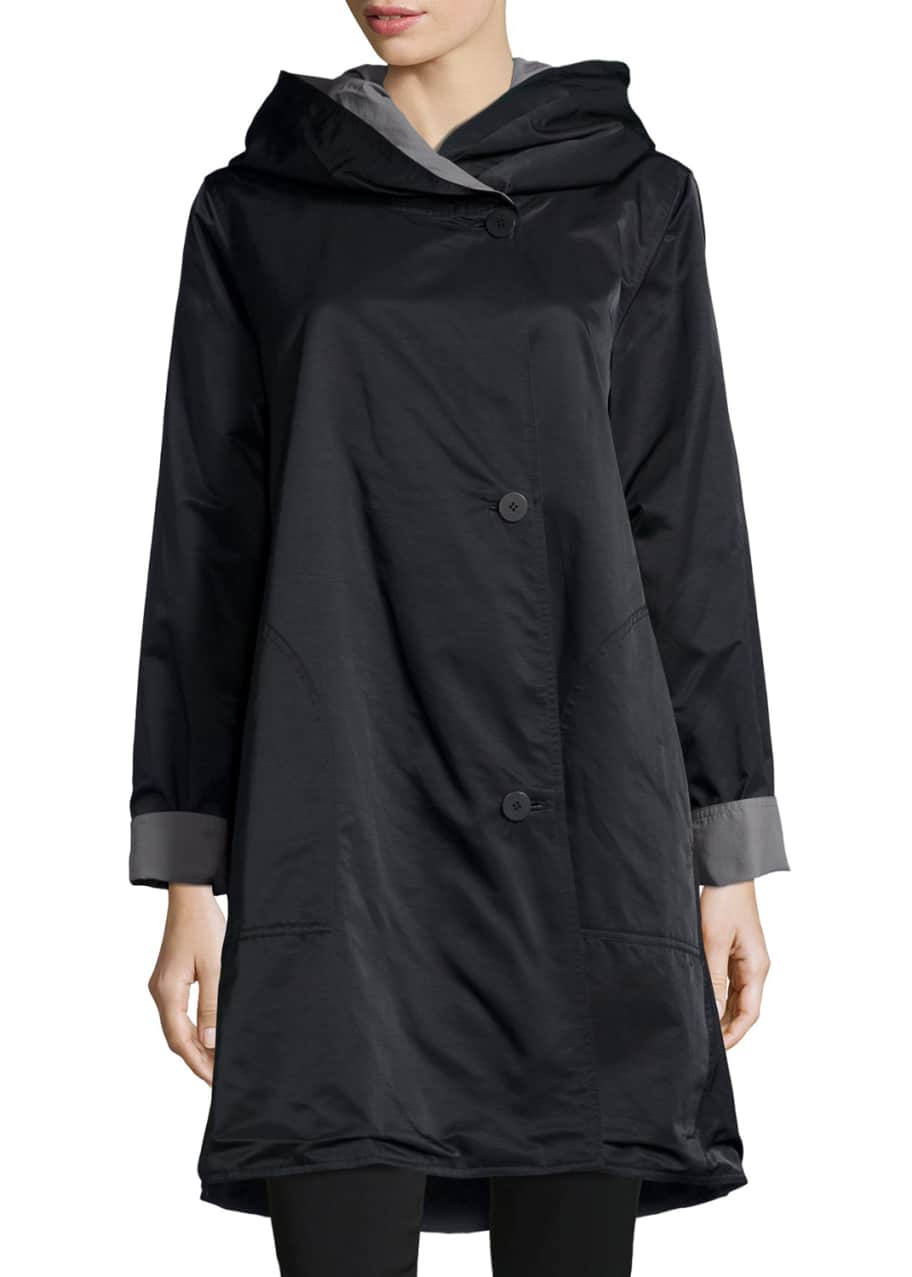 Eileen Fisher Plus Size Reversible Hooded Rain Coat Black Pewter
